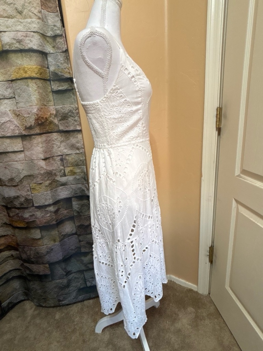 Women's White Eyelet Midi Dress with V-Neck boho cottagecore summer - Picture 4 of 5